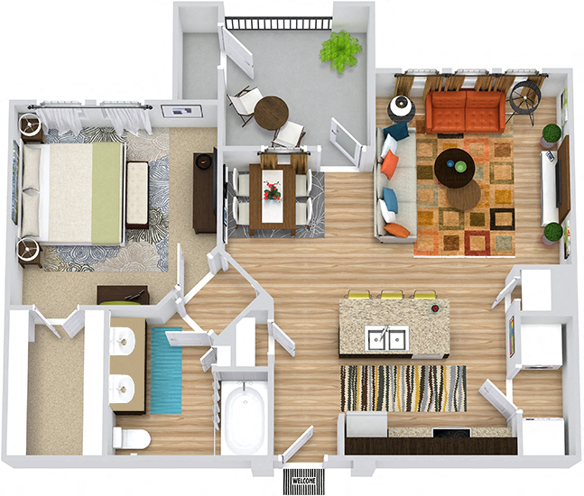 Floor plan for 1 bed, 1 bath, 775 sqft